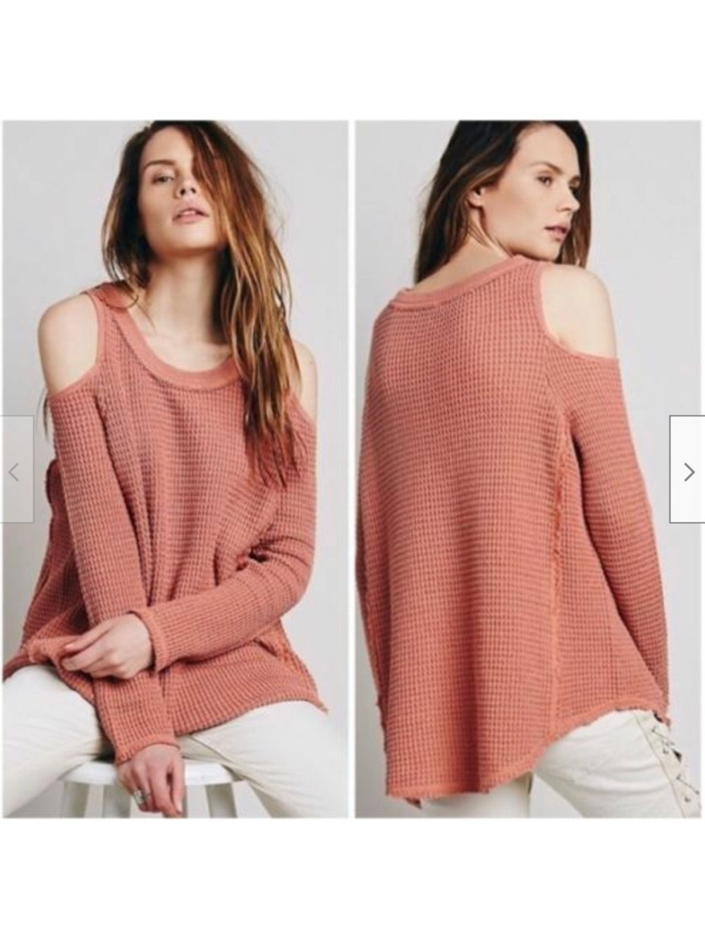 Free People Moonshine Cold Shoulder Frayed Knit Sweater Terracotta Size M